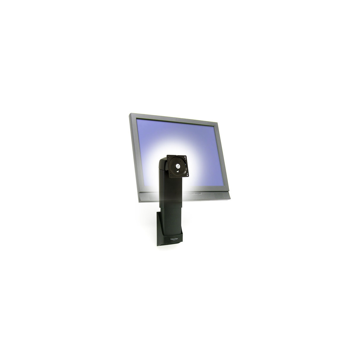 Un braccio per monitor nero con uno schermo montato a parete.