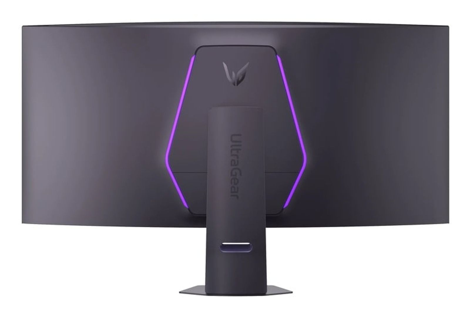 Tył czarnego monitora z fioletowym podświetleniem i logo LG.