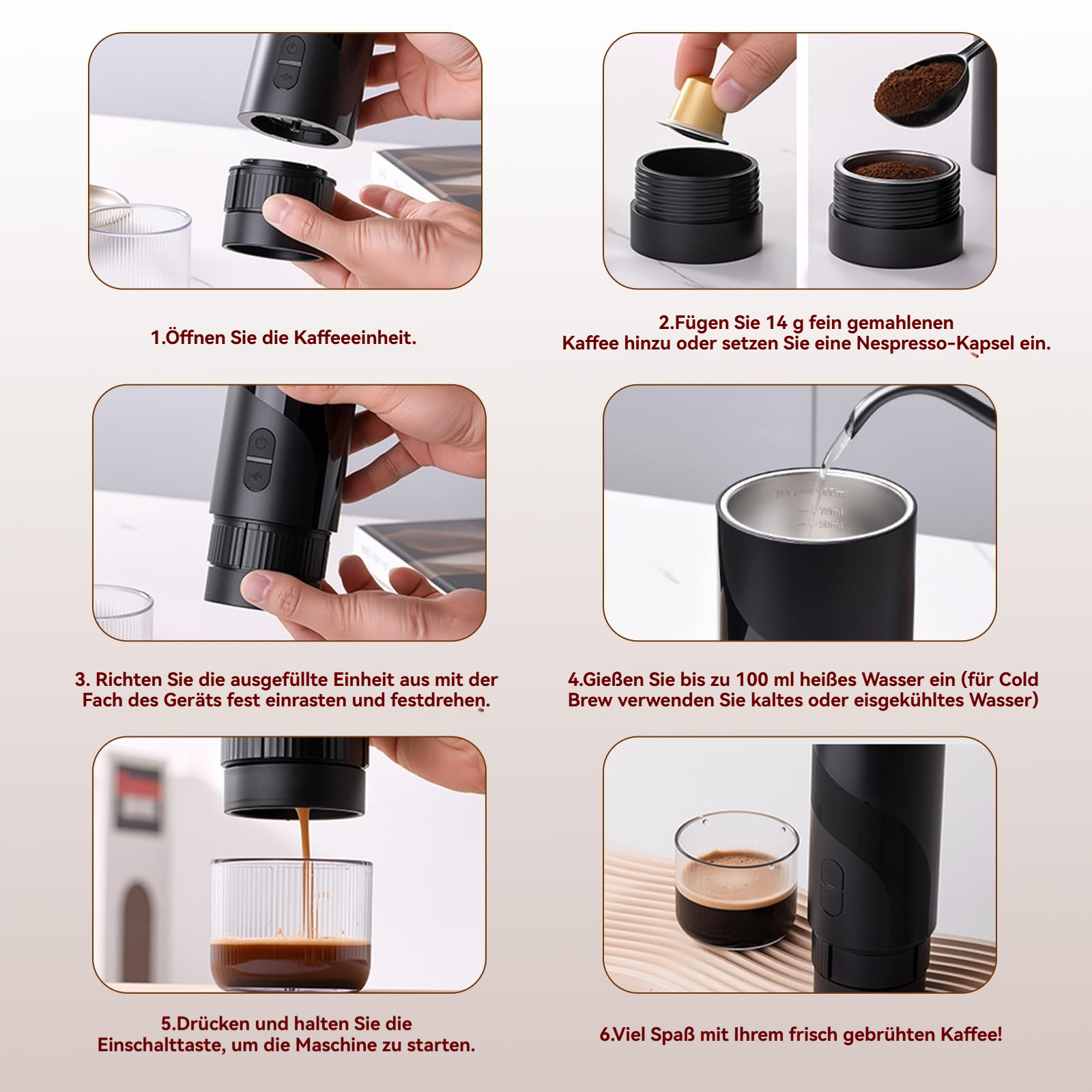 Schritt-für-Schritt-Anleitung für eine Kaffeemaschine: Kaffee einfüllen, Wasser hinzufügen, brühen, genießen.