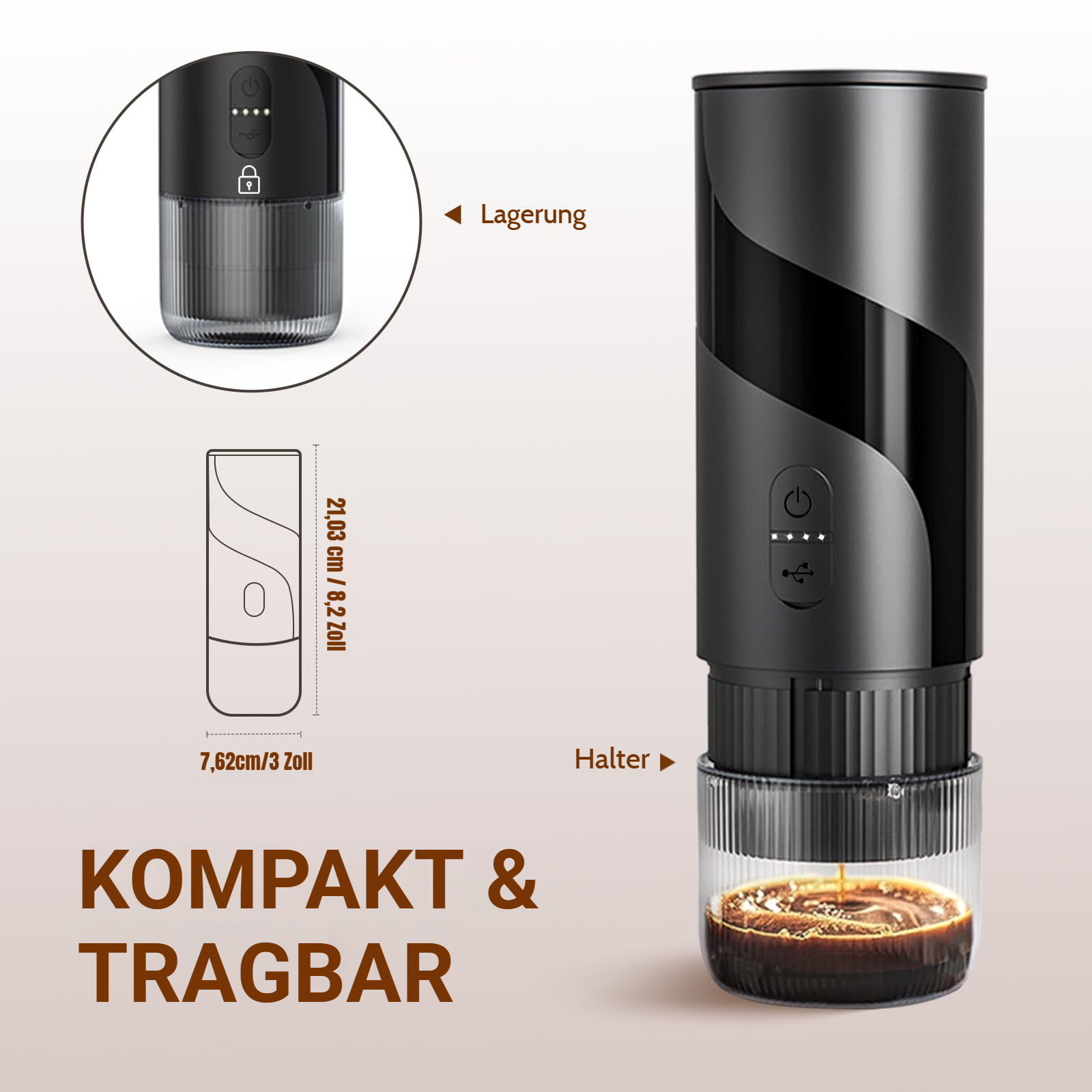 Schwarzer Kaffeezubereiter mit Glasbehälter, Maßen und Text.