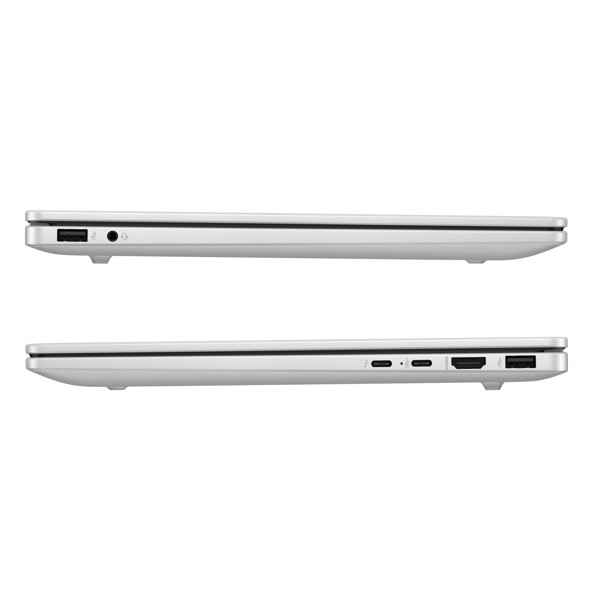 Silberner Laptop-Seitenansicht mit USB-, Kopfhörer-, Thunderbolt- und HDMI-Anschlüssen.