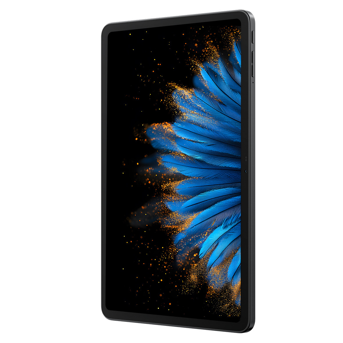 Un tablet scuro con un design di piume blu e accenti dorati sullo schermo.