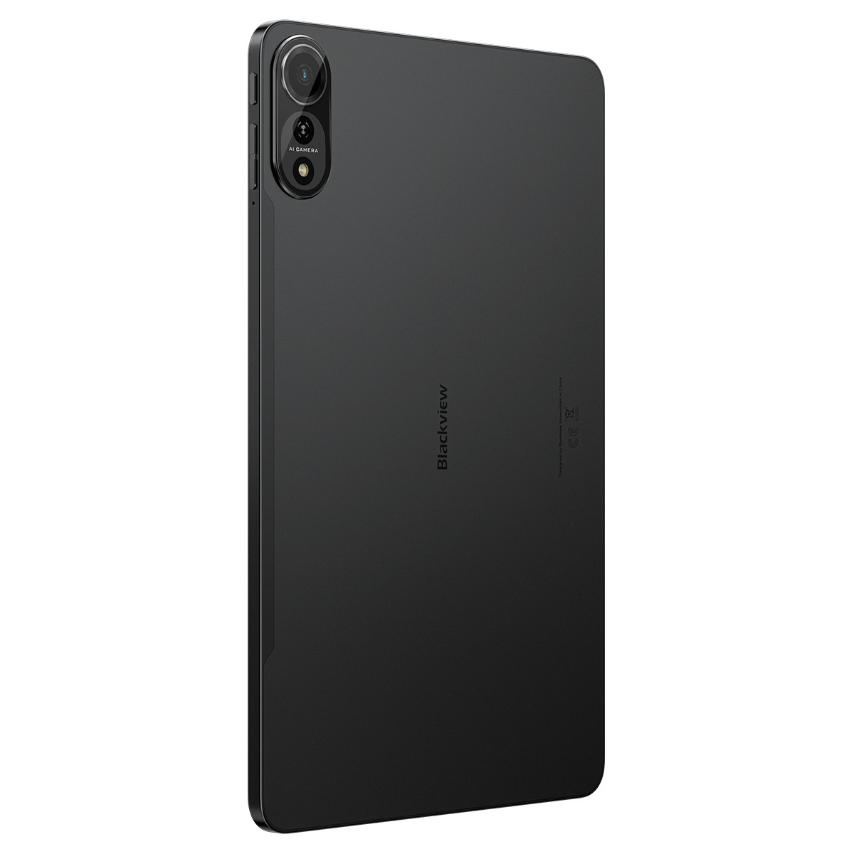 Tablet nero con fotocamere posteriori, vista di lato.