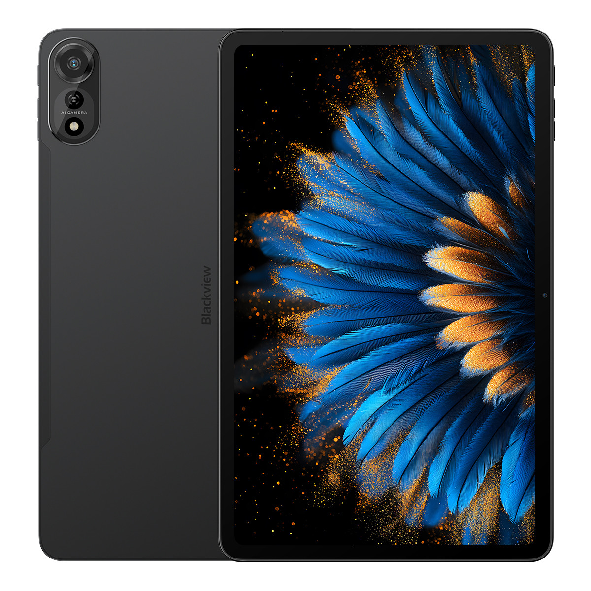 Tablet nero con fotocamera posteriore e grafica piuma blu-oro sullo schermo.