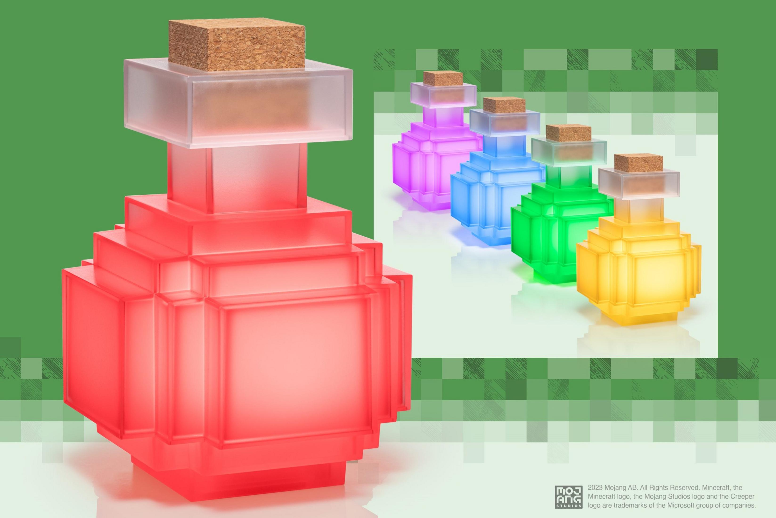 Una poción roja de Minecraft está delante, con otras cuatro pociones en morado, azul, verde y amarillo.
