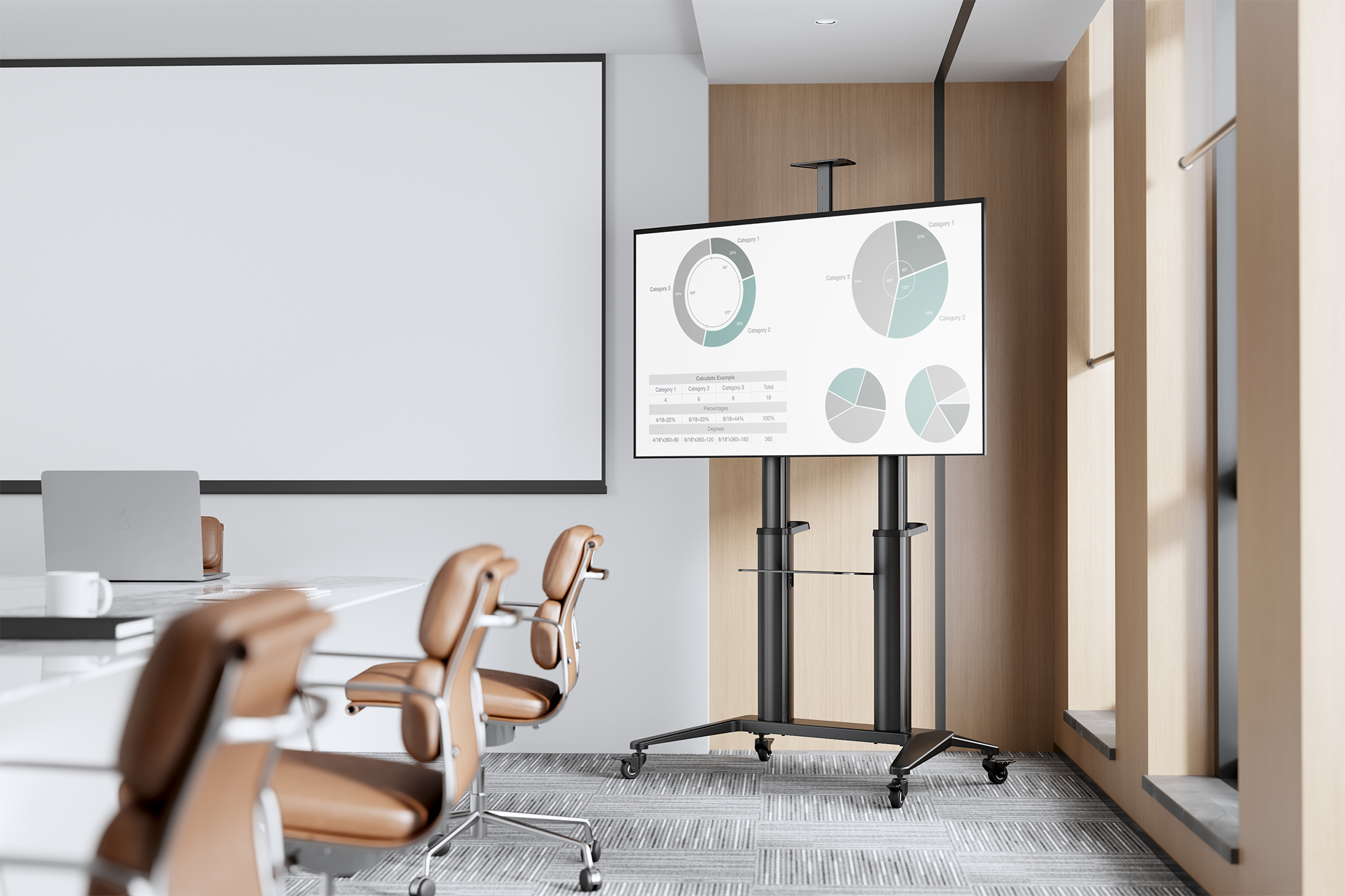 Ein Konferenzraum mit einem Whiteboard, einem Laptop, braunen Ledersesseln und einem Bildschirm mit Diagrammen.