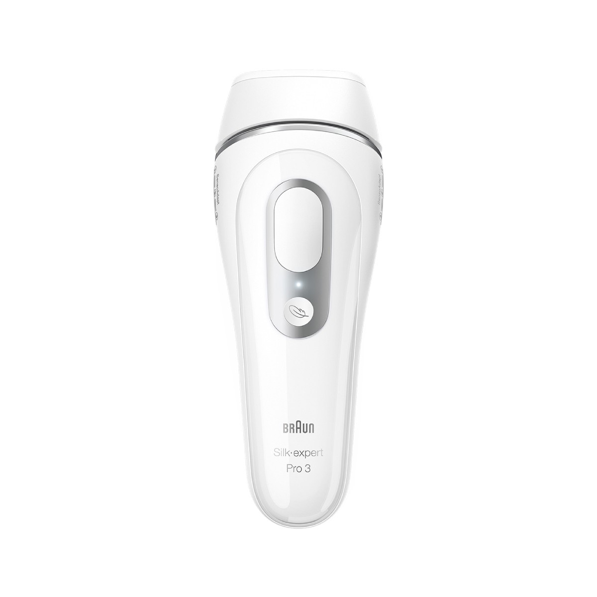 Un epilatore Braun Silk-expert Pro 3 bianco su sfondo bianco.