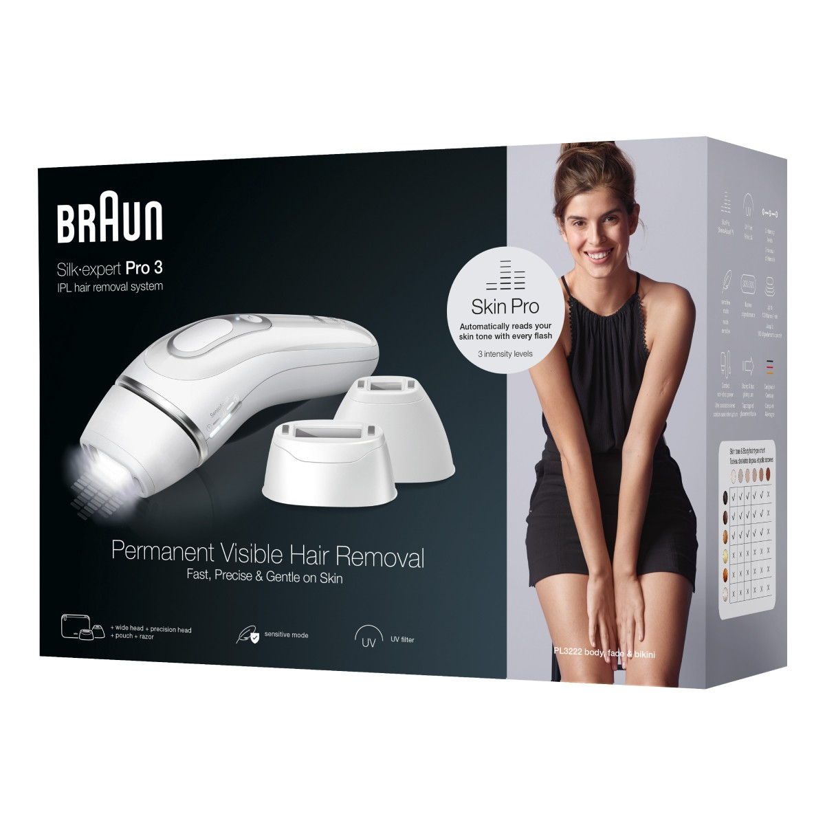 Sistema depilatorio Braun Silk-expert Pro 3 IPL con accessori e modella.