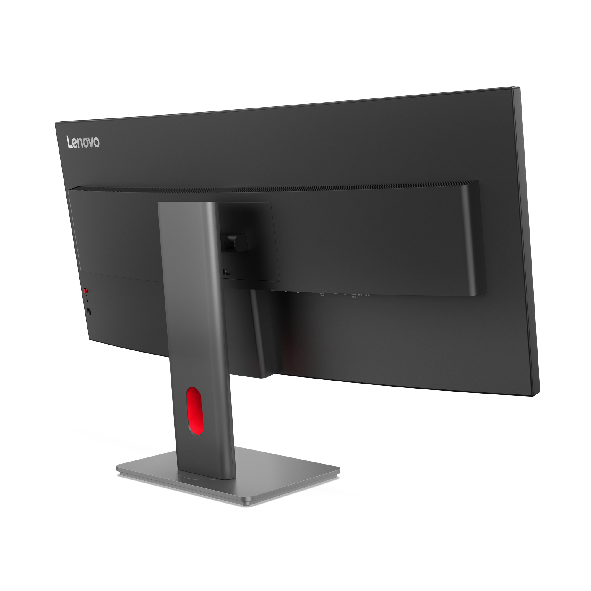 Vista posteriore di un monitor Lenovo nero con supporto grigio e accento rosso.