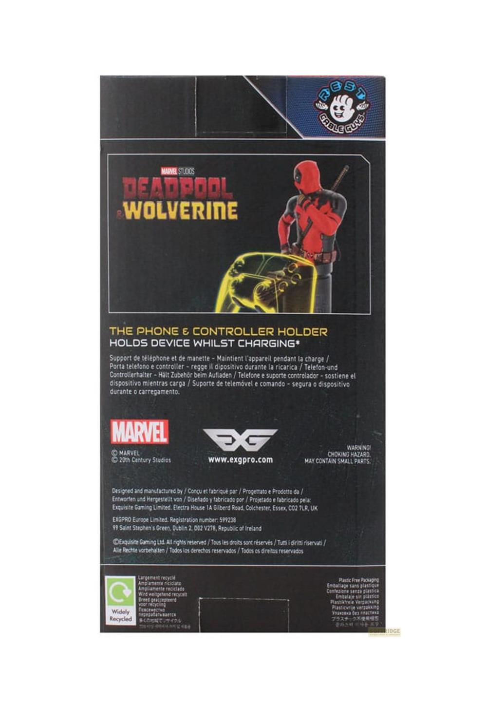 Soporte para teléfono y mando de Deadpool y Wolverine con logo Marvel y advertencia.