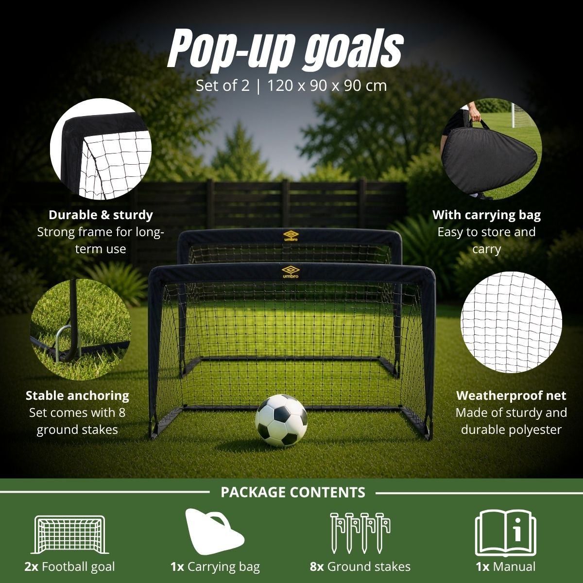 Zwei schwarze Pop-Up Fußballtore mit einem Fußball davor und einem Tragekoffer.
