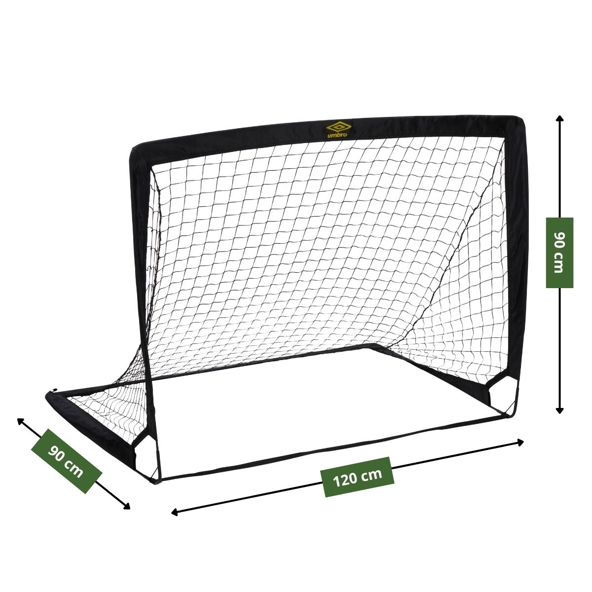 Ein schwarzes Fußballtor mit Netz, 120cm breit und 90cm hoch.
