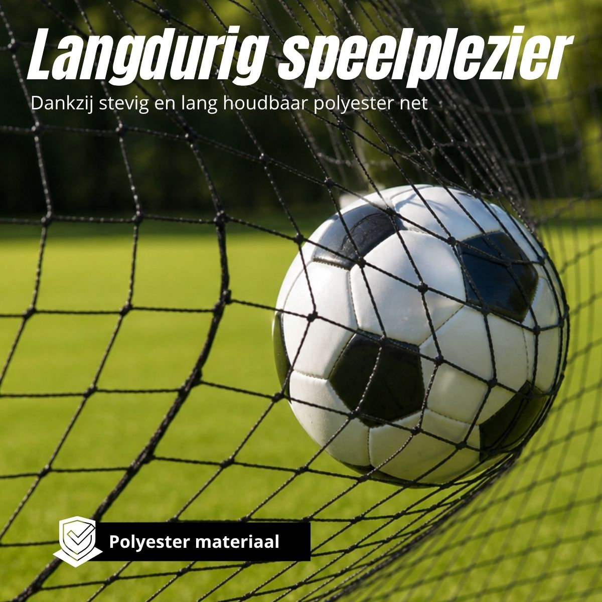 Ein Fußballnetz mit einem Fußball, der sich darin befindet. Grüne Grasfläche im Hintergrund.