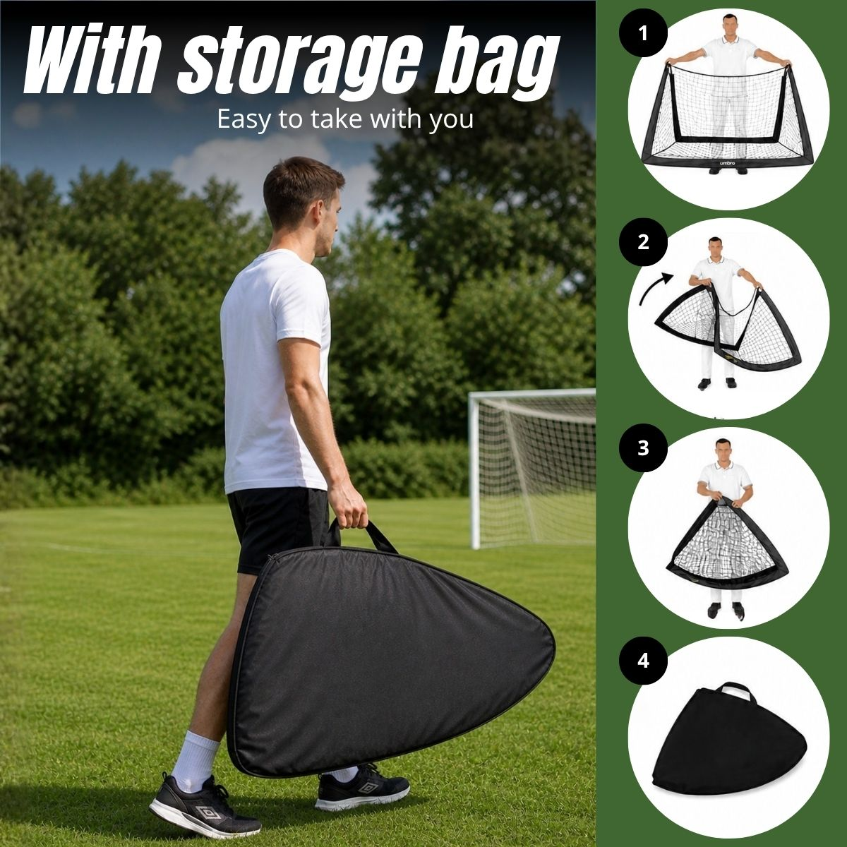 Mann trägt eine schwarze Fußballtor-Tasche auf einem Feld.