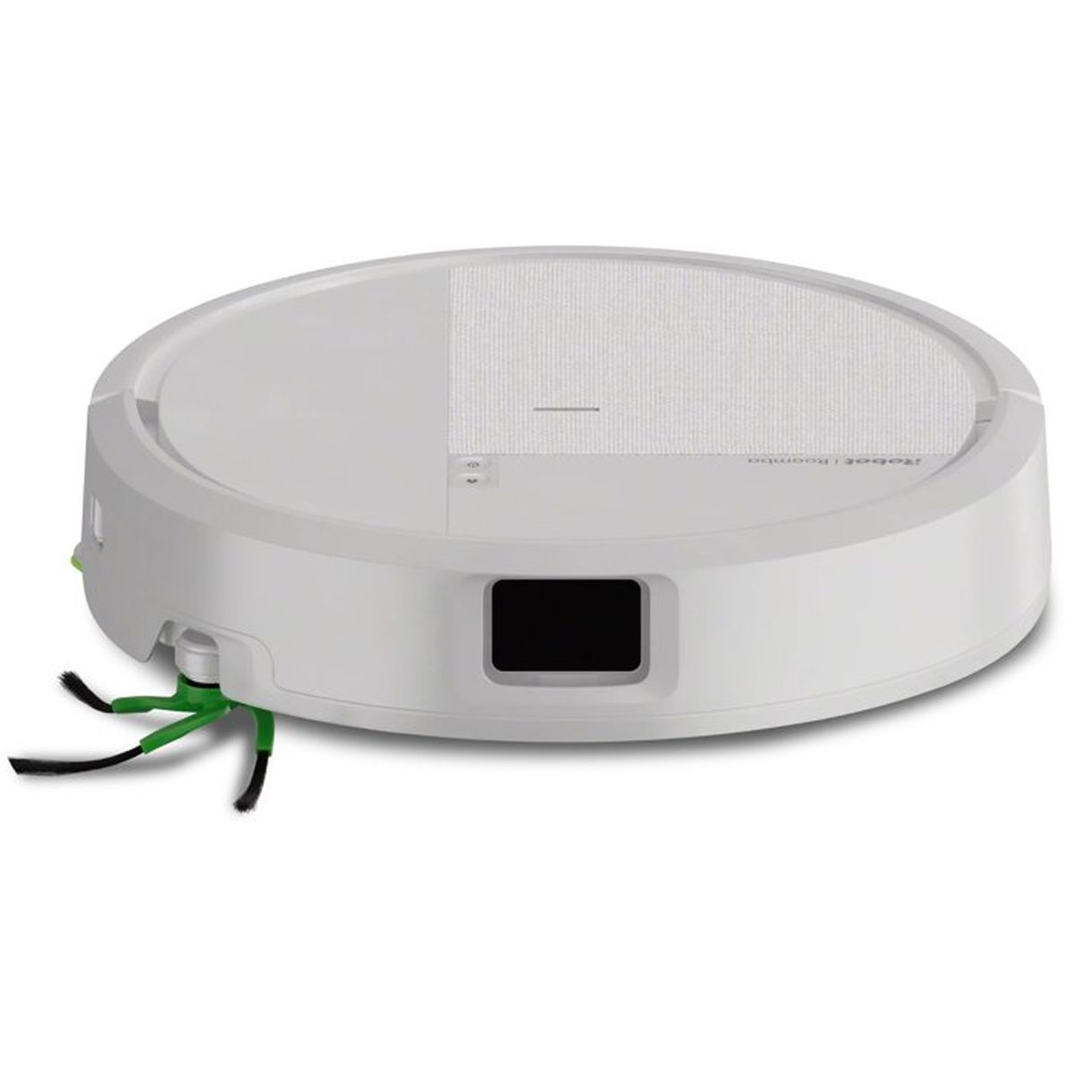 Un robot aspirapolvere bianco con tre spazzole frontali.