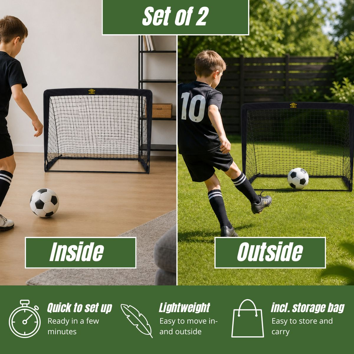 Zwei Fußballtore, drinnen und draußen verwendet, mit Kindern.