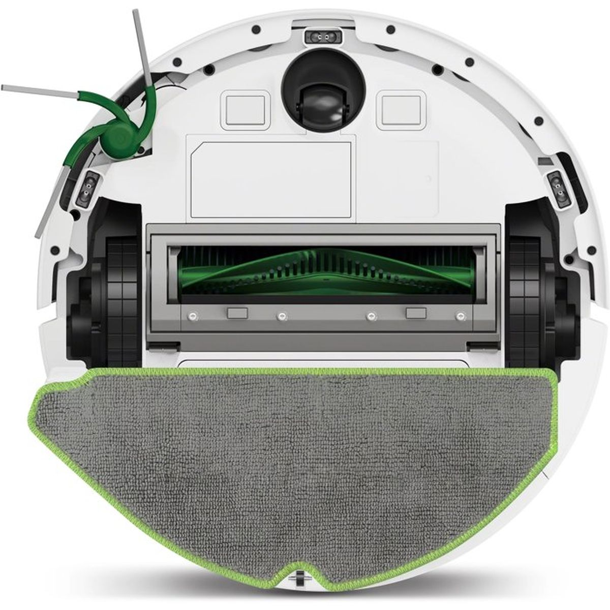 Parte inferiore di un robot aspirapolvere bianco con spazzole verdi, ruote e un panno grigio.