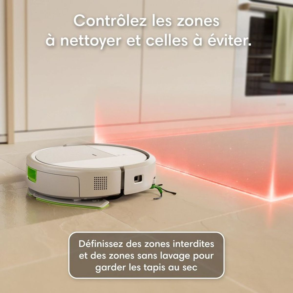 Un robot aspirapolvere bianco su pavimento piastrellato crea un confine virtuale rosso.