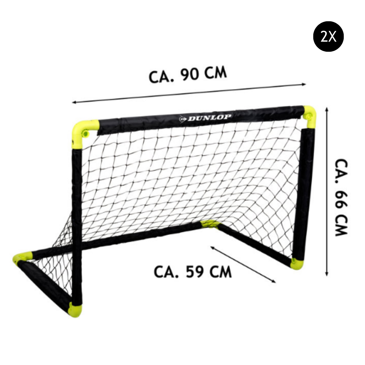 Zwart voetbaldoel met gele hoeken. Afmetingen: 90x66x59 cm.