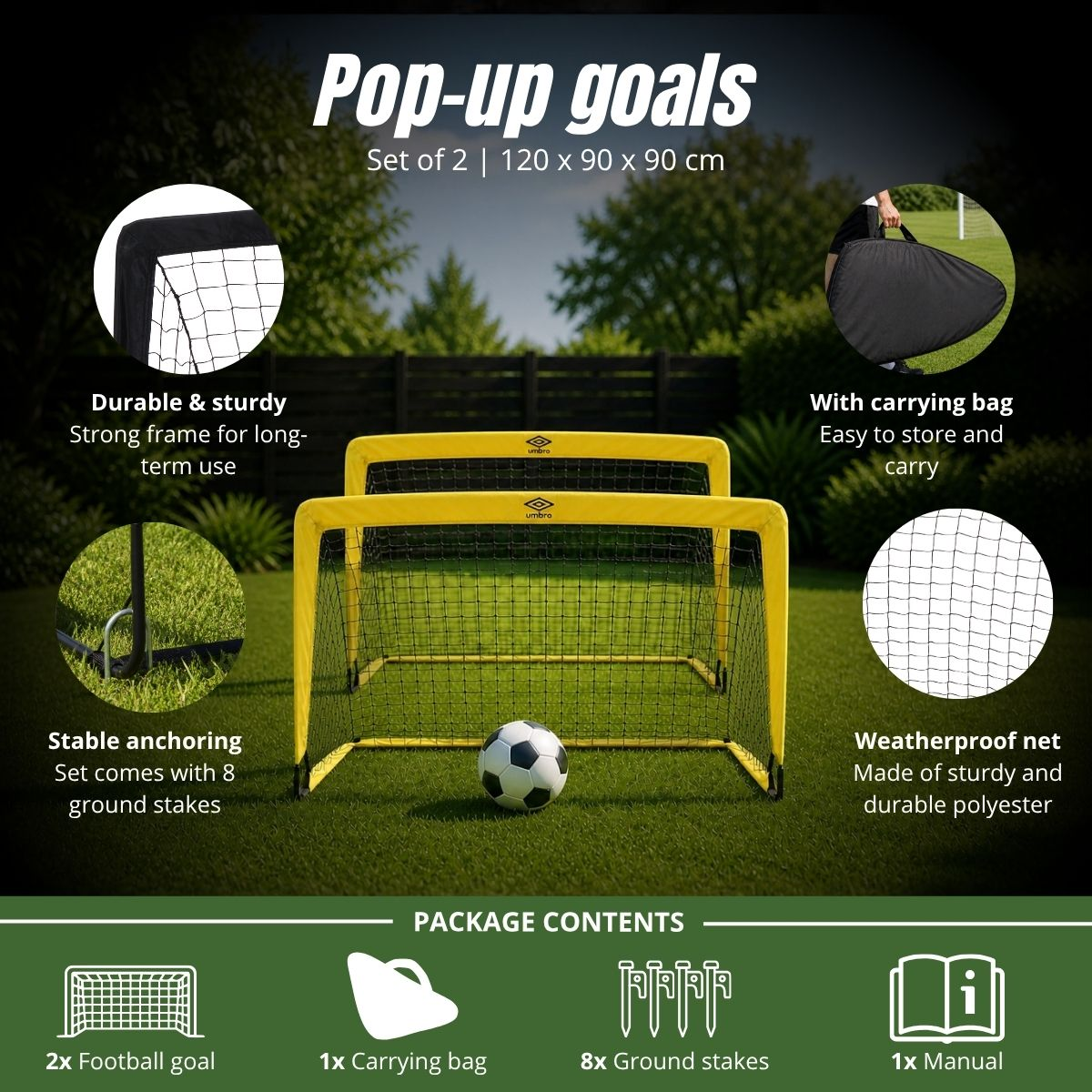 Zwei gelbe Pop-up-Fußballtore mit Netz und Ball auf Rasen.