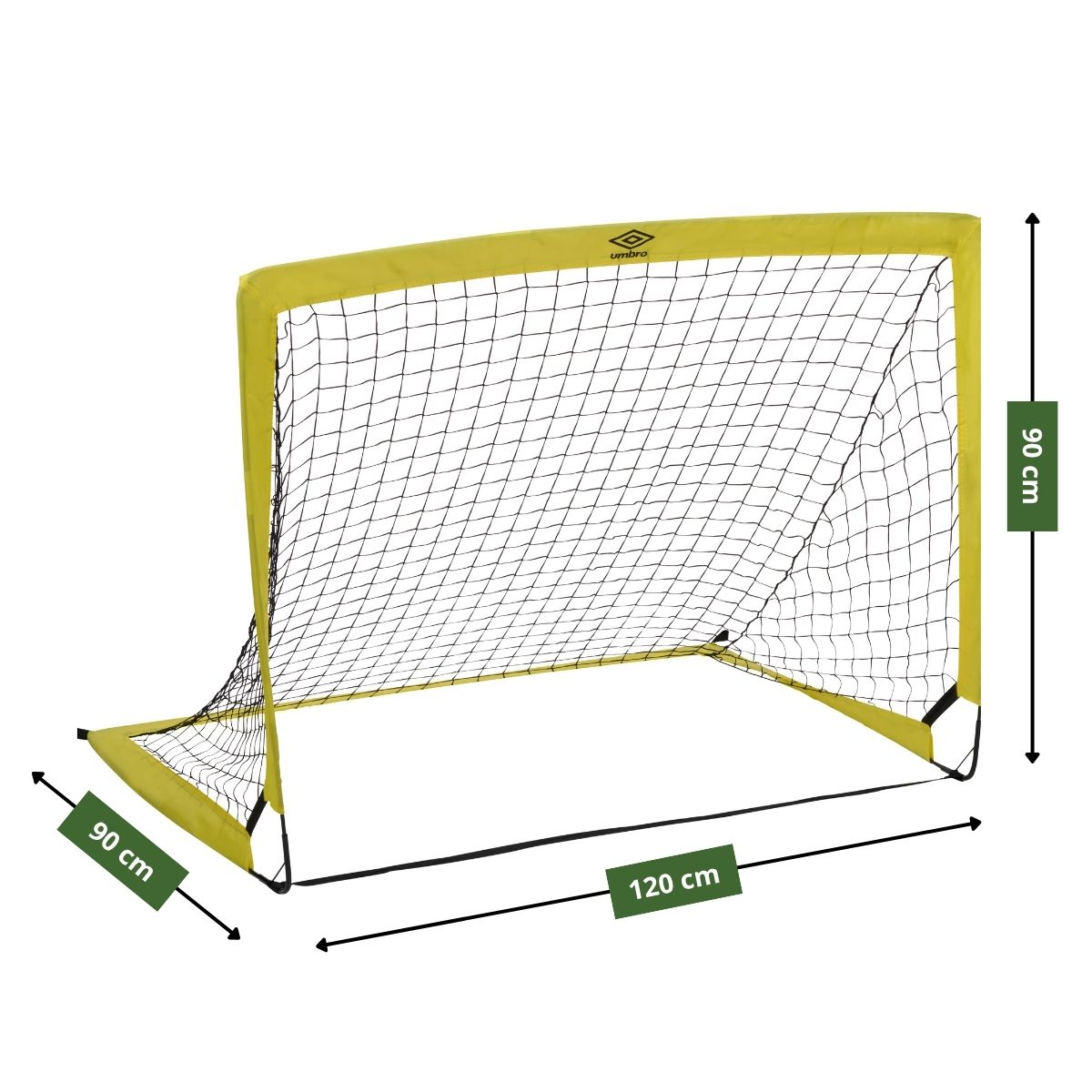 Ein gelbes Fußballtor mit Netz, 120 cm breit und 90 cm hoch.