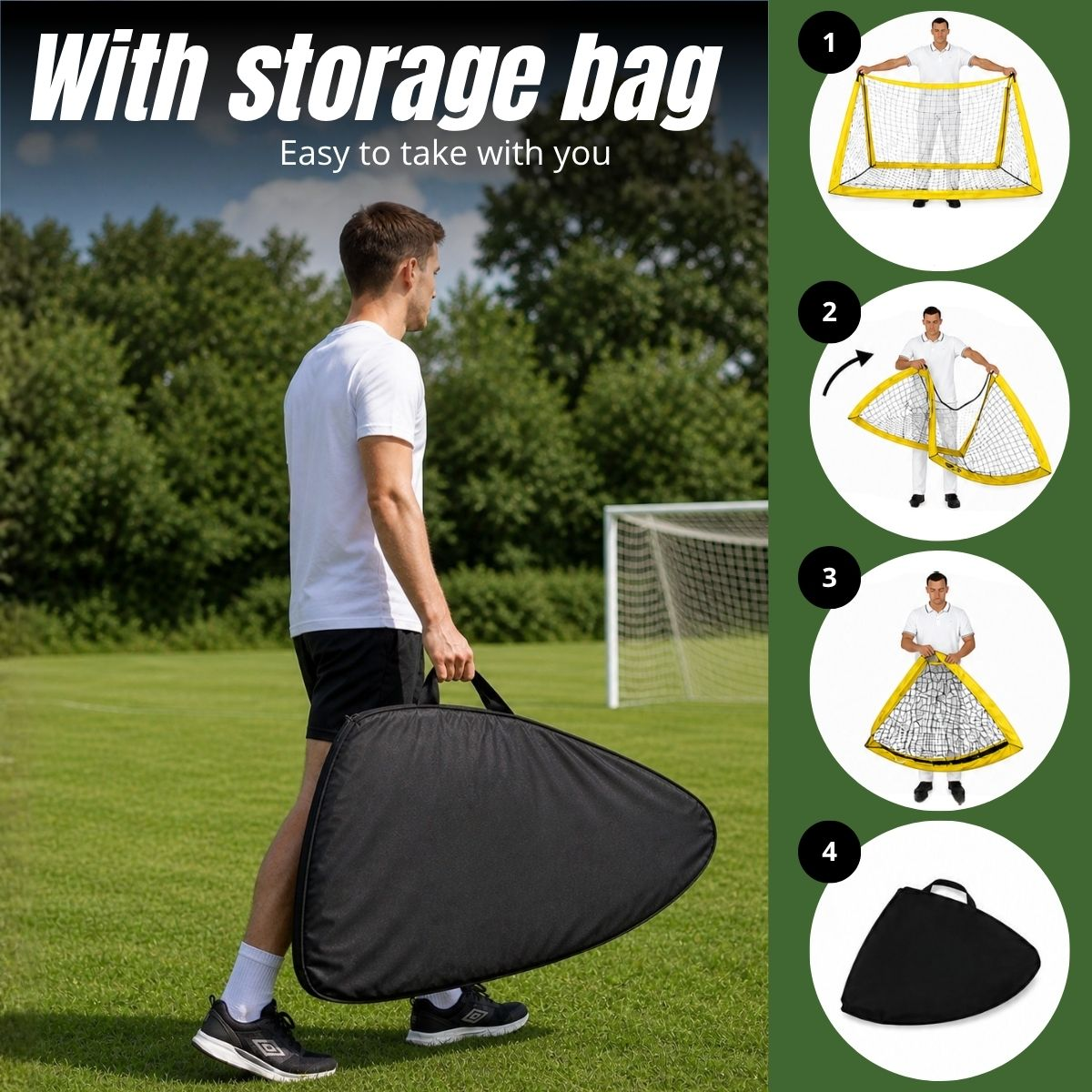 Mann trägt eine zusammengeklappte Fußballtor-Tasche auf einem Feld.
