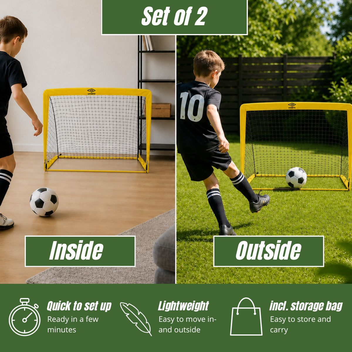 Zwei Fußballtore, drinnen und draußen, mit Jungen beim Spielen.