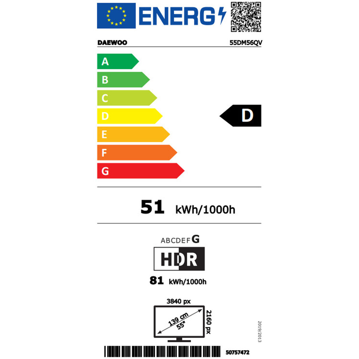 Etiqueta energética Daewoo TV: Clase D, 51 kWh/1000h, HDR, 55 pulgadas.