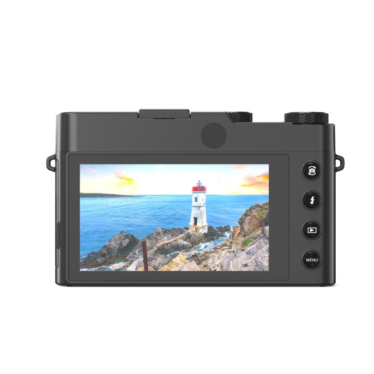 Fotocamera digitale mostra faro su scogliera rocciosa vicino al mare al tramonto.
