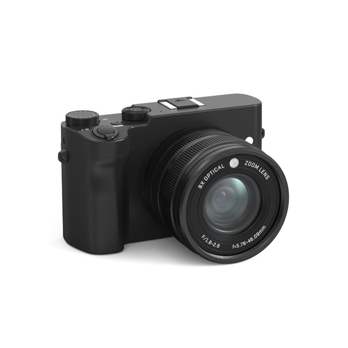Una fotocamera digitale nera con obiettivo zoom ottico 8x.