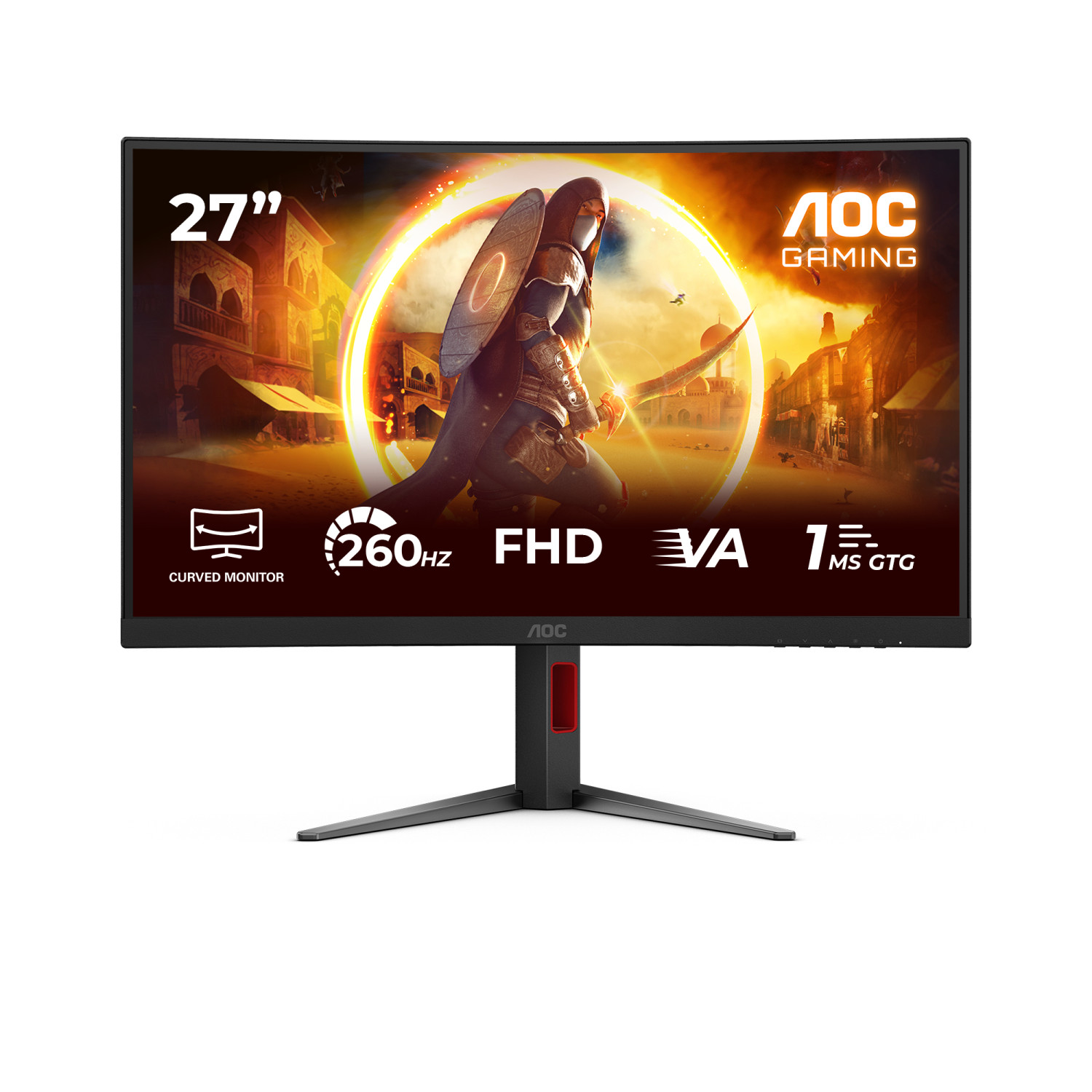 Un écran gaming AOC de 27" affiche une scène fantastique avec un guerrier et des bâtiments voûtés.