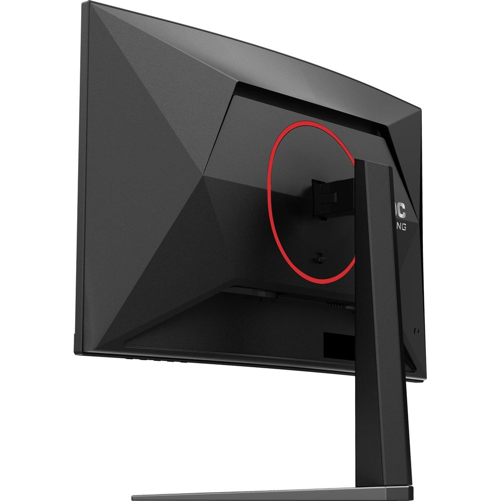 Vue arrière d'un moniteur noir avec détail cercle rouge et pied.