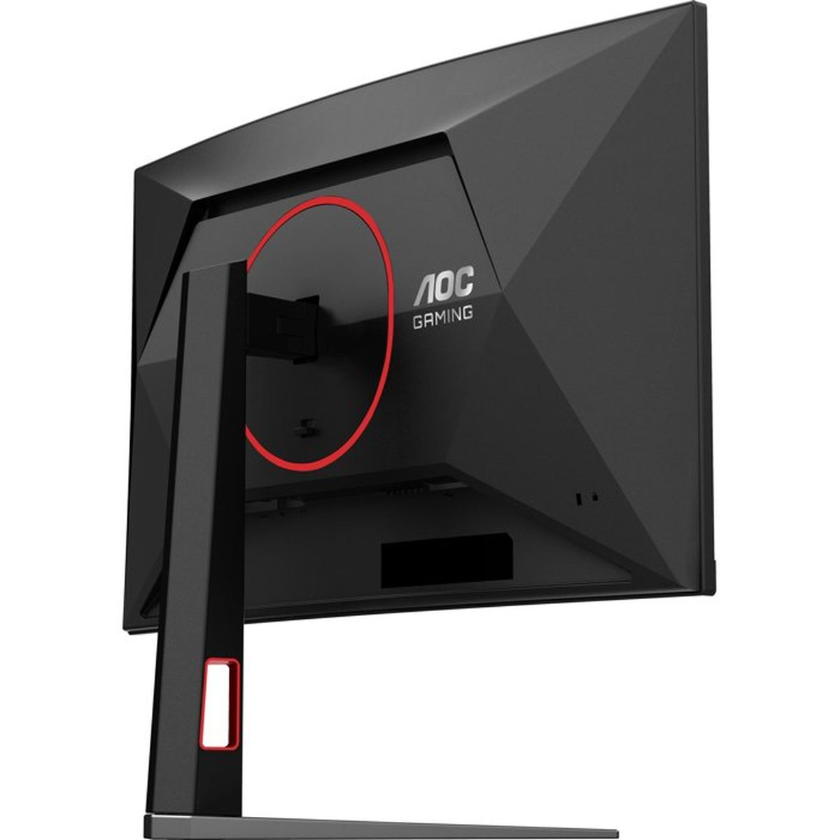 Vue arrière d'un moniteur AOC Gaming noir avec anneau rouge et pied.
