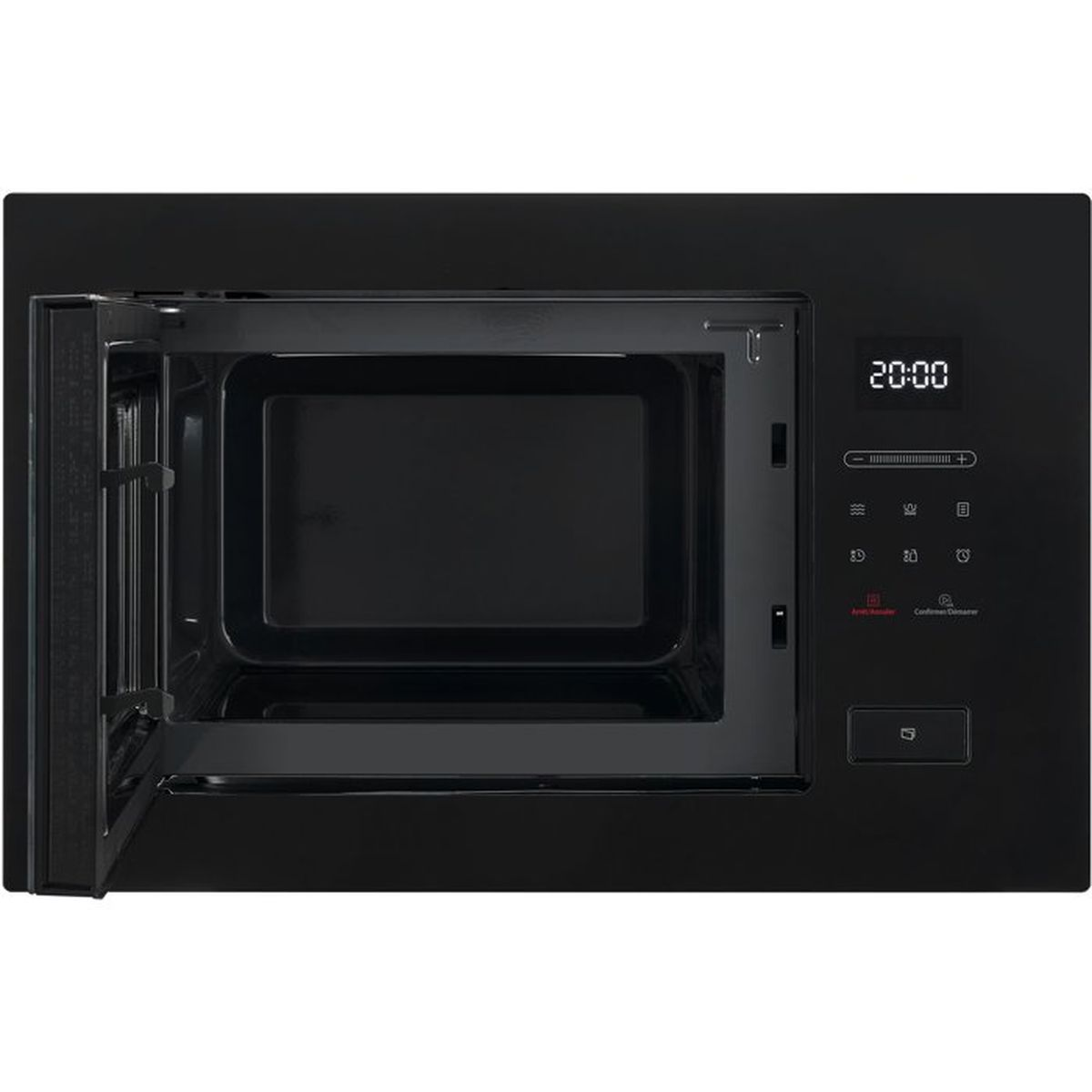 Forno a microonde nero con porta aperta e display digitale 20:00.