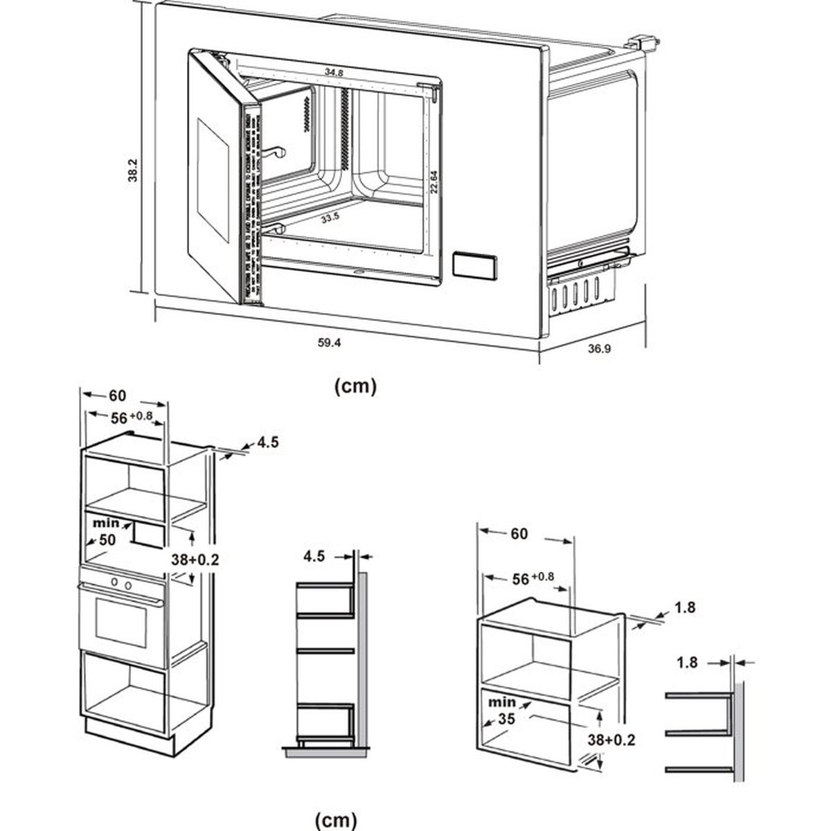 Disegno tecnico di un forno a microonde da incasso con dimensioni e dettagli di installazione.