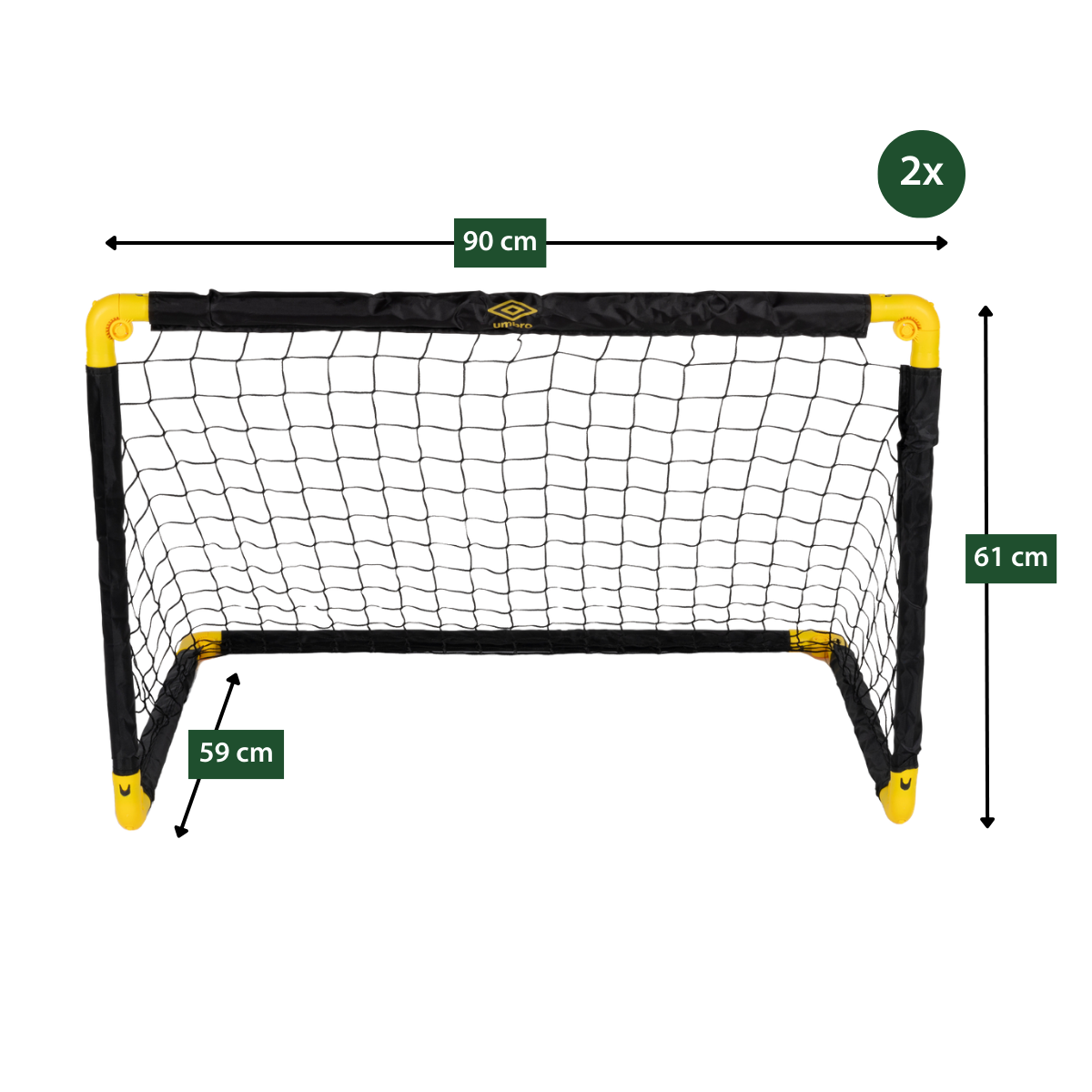 A black soccer goal with yellow corners, measuring 90x61x59 cm.