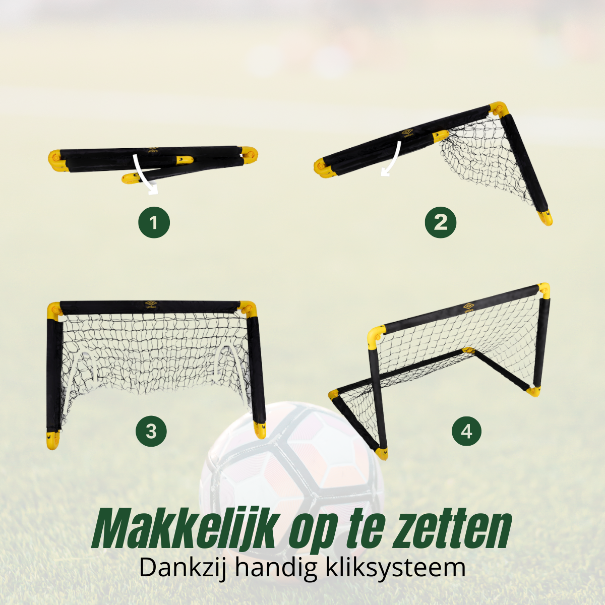 Four steps showing how to assemble a black and yellow soccer goal with net.
