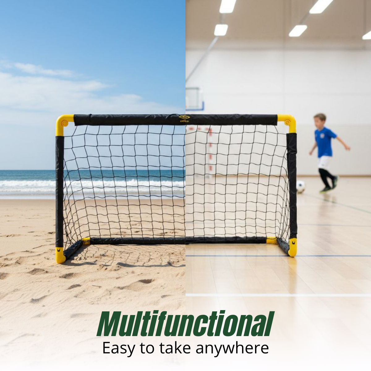A soccer goal on a beach and in a gym with a boy playing.