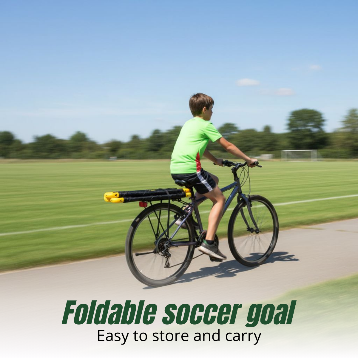 A boy rides a bicycle with a foldable soccer goal on the rack.