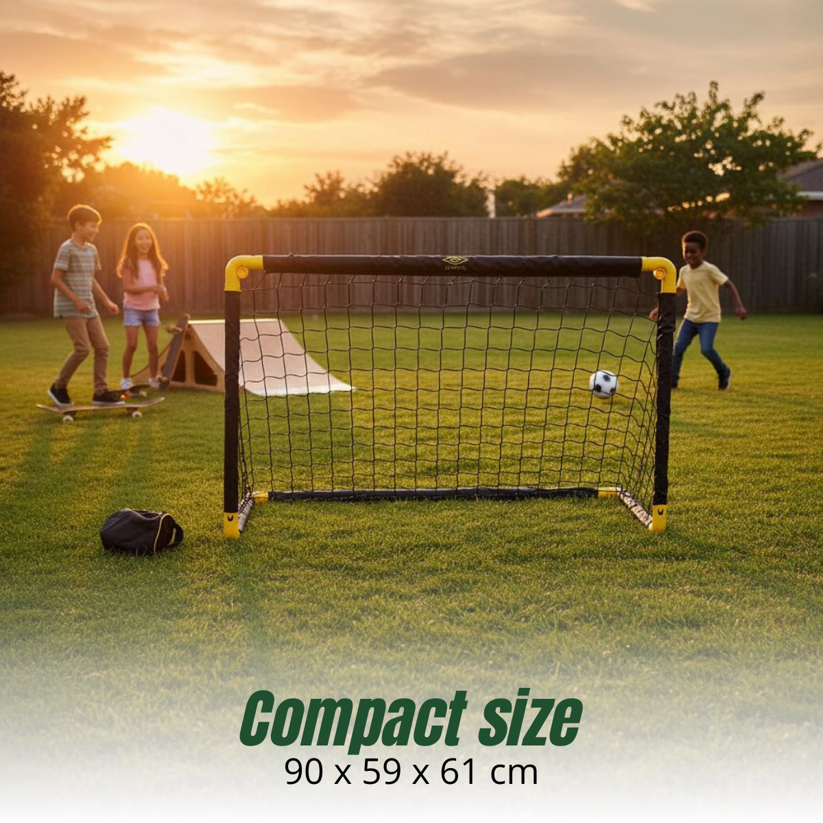 Children play soccer and skateboard in a backyard at sunset.