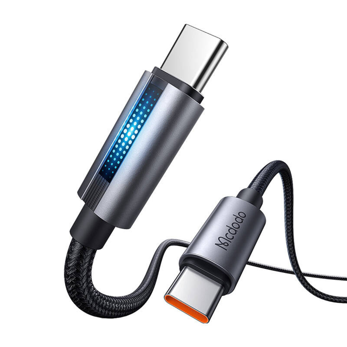 Mavi ışık göstergeli ve turuncu konektörlü gri USB-C kablosu.