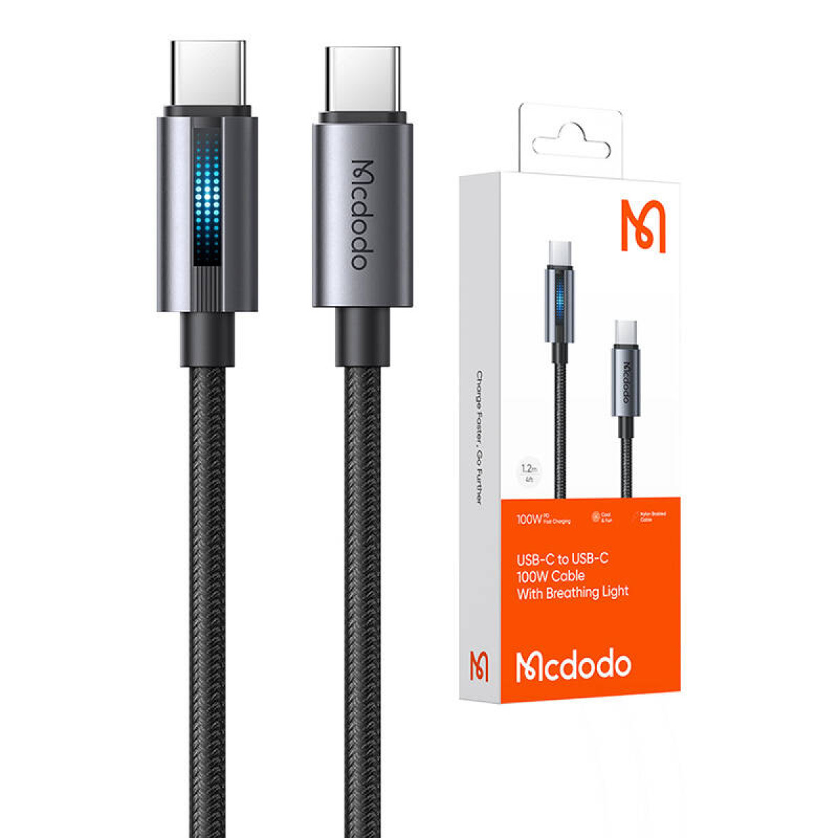 Nefes alan ışıklı ve ambalajlı iki adet Mcdodo USB-C şarj kablosu.