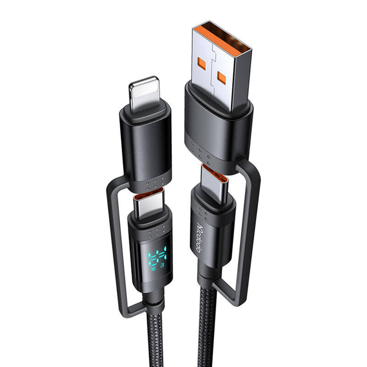 Lightning ve USB-C konektörlü bir USB-A - USB-C kablosu.