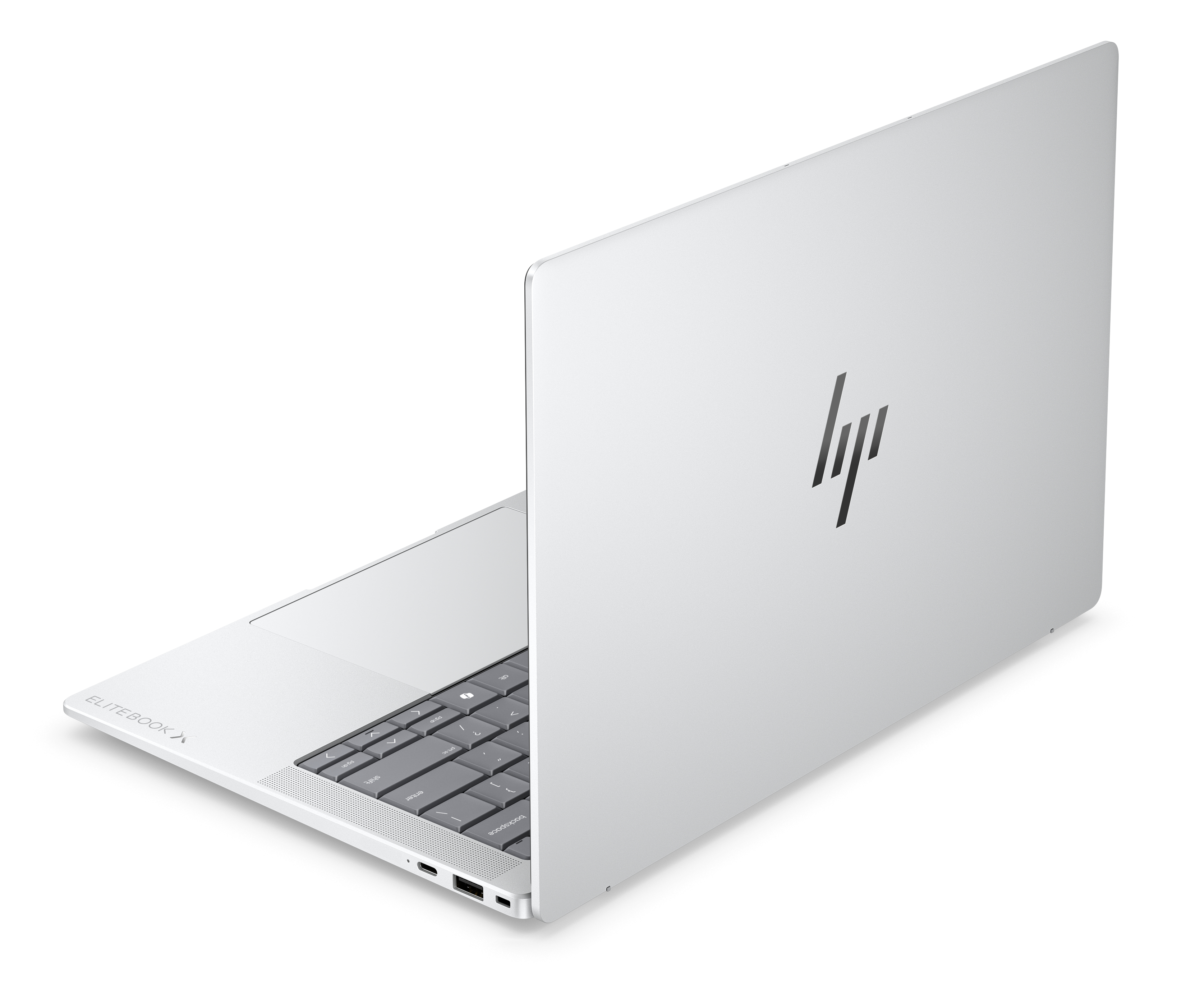Laptop HP Elitebook argento angolato da dietro, tastiera e porte visibili.