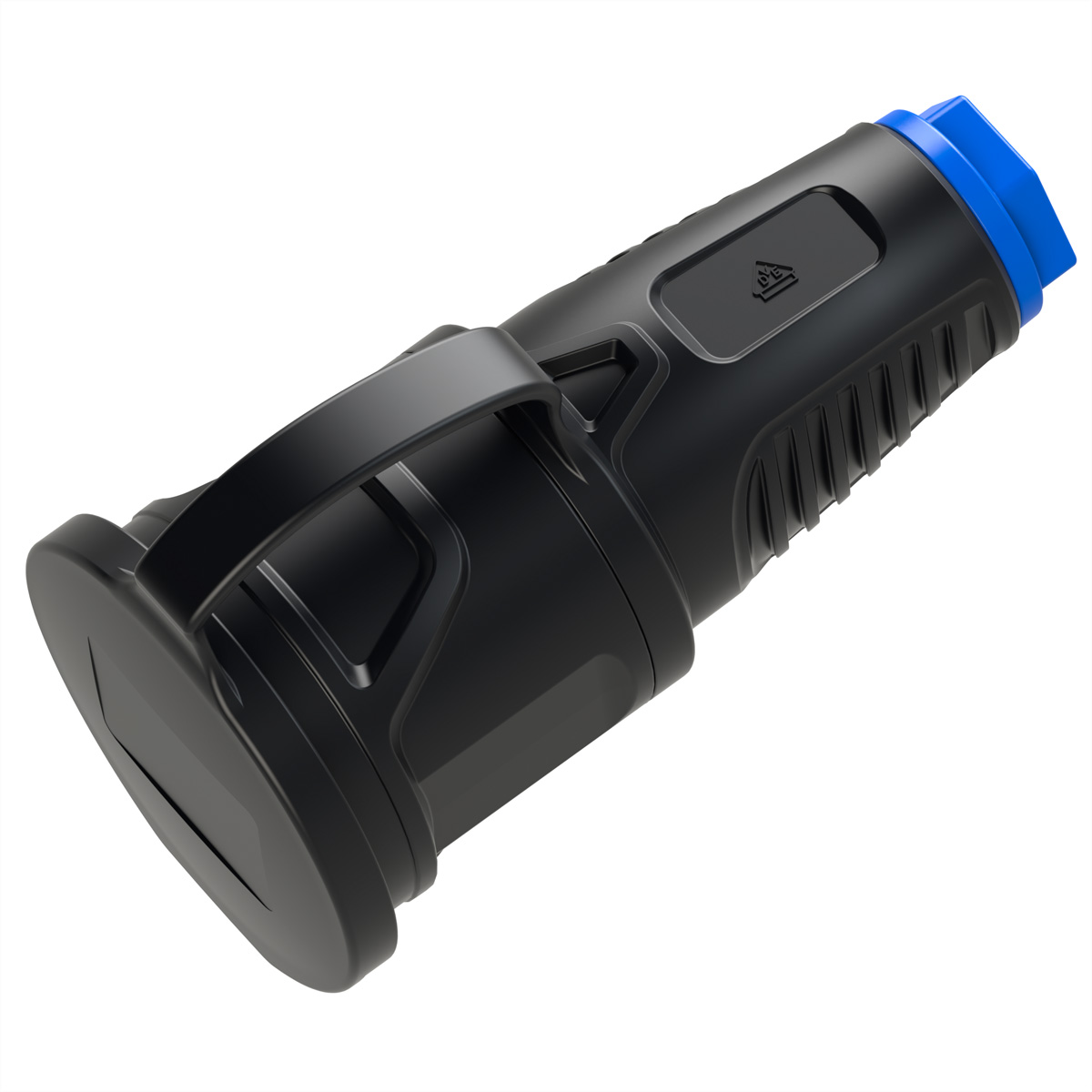 Contenitore nero con coperchio blu, manico e base nera.