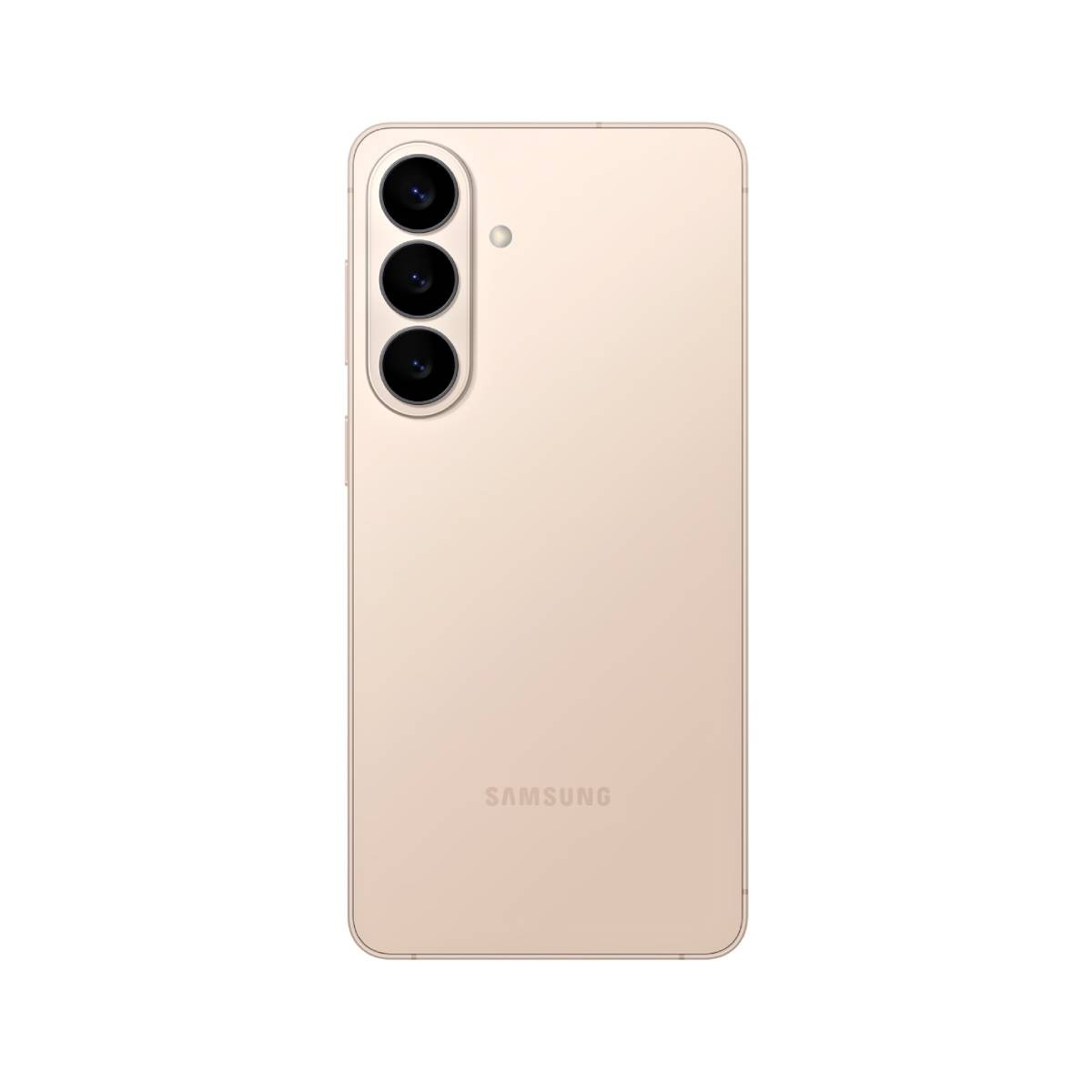 Rückseite eines hellbeigen Samsung Smartphones mit drei vertikalen Kameralinsen und Logo.