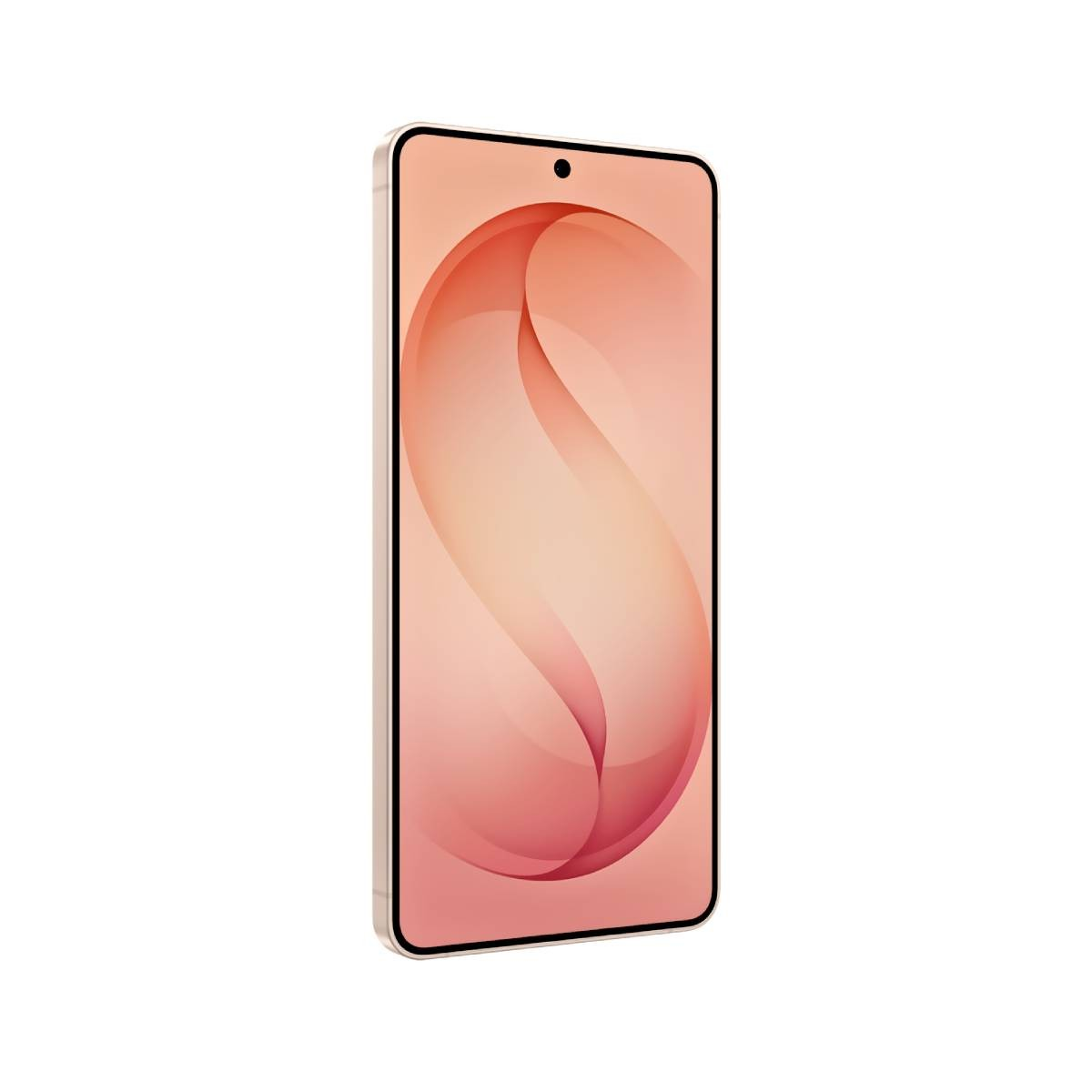 Ein goldfarbenes Smartphone mit einem rosafarbenen Hintergrundbild im S-Design.