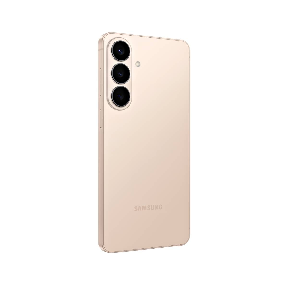 Ein hellgoldenes Samsung-Smartphone mit drei Kameras auf der Rückseite.