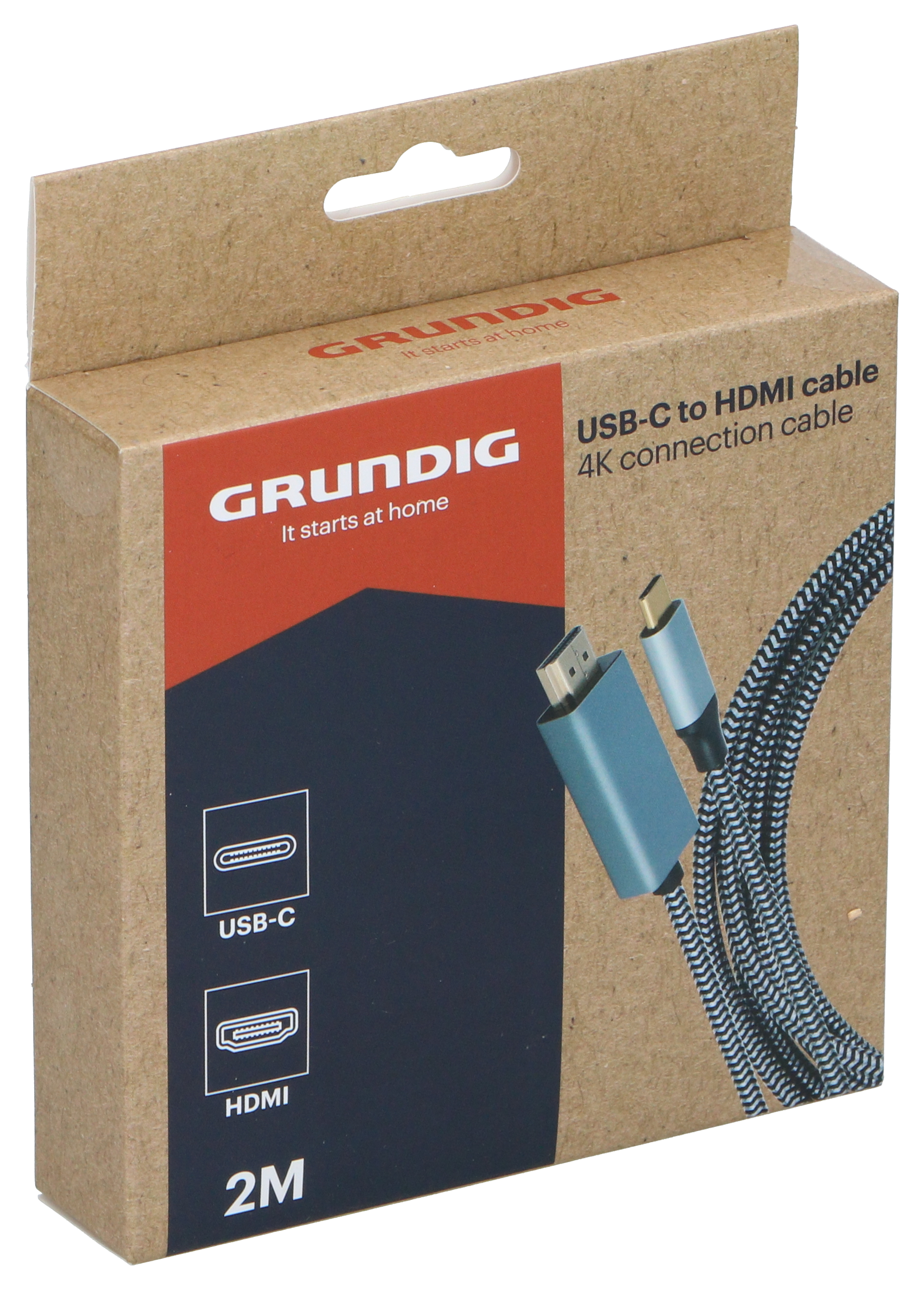Emballage d'un câble USB-C vers HDMI de 2M avec connecteurs bleus.