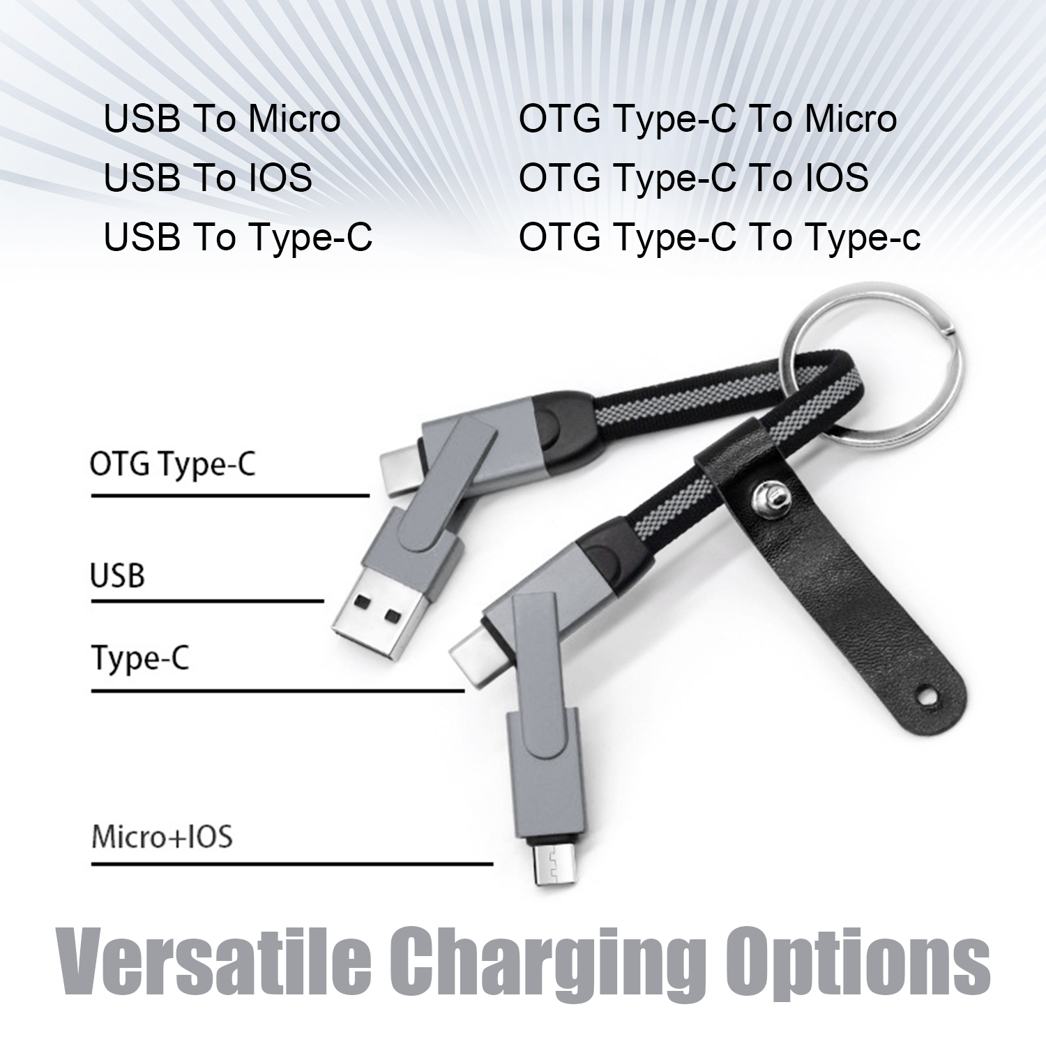 Cavo di ricarica grigio con connettori USB, Type-C, Micro e iOS, attaccato a un portachiavi.